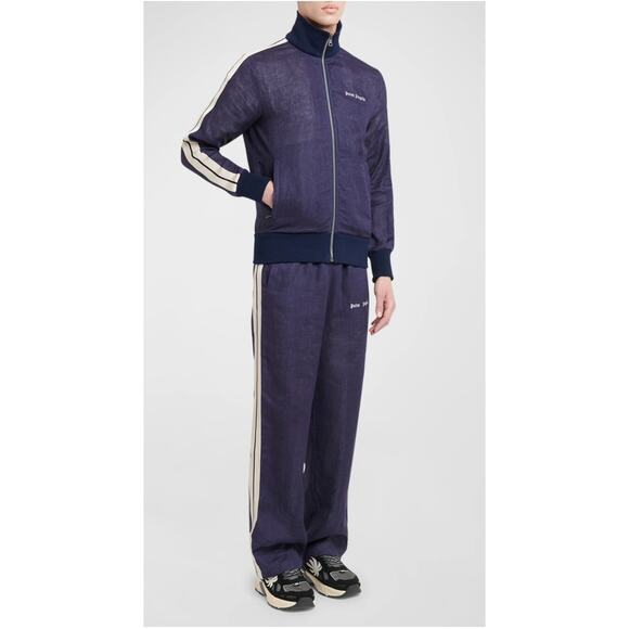 PALM ANGELS Classic Linen Logo Jacket In Navy Blue - Picture 2 of 10